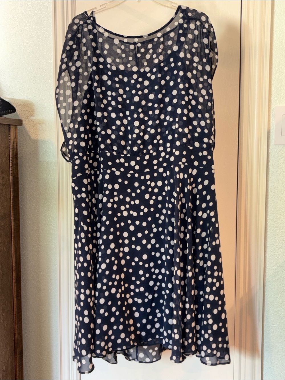 Chico's Navy and White Polka Dot Midi Dress with Sheer Sleeves
